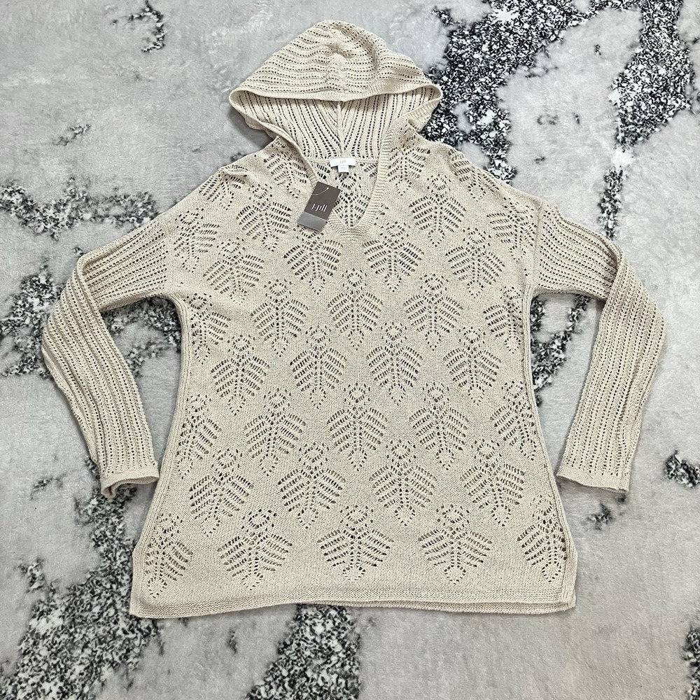 J. Jill NWT Open‎ Knit Hooded Sweater Tunic Size S Beige Crochet Pullover
